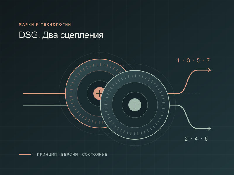Условная схема двух сцеплений: нечётные и чётные передачи на отдельных ветвях